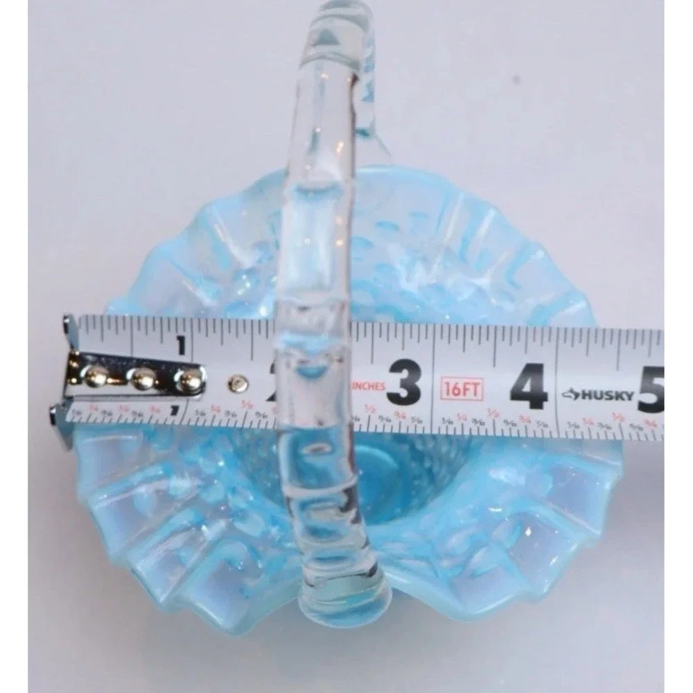 VTG Fenton Hobnail Basket Small Blue Opalescent Glass Ruffled Edge Collectible